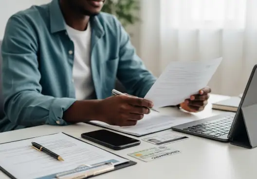 A pile of documents on a table